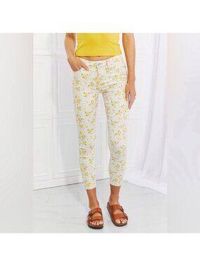 Judy Blue Golden Meadow Mid-Rise Skinny Jeans Floral Stretchy Cropped Women 7/28